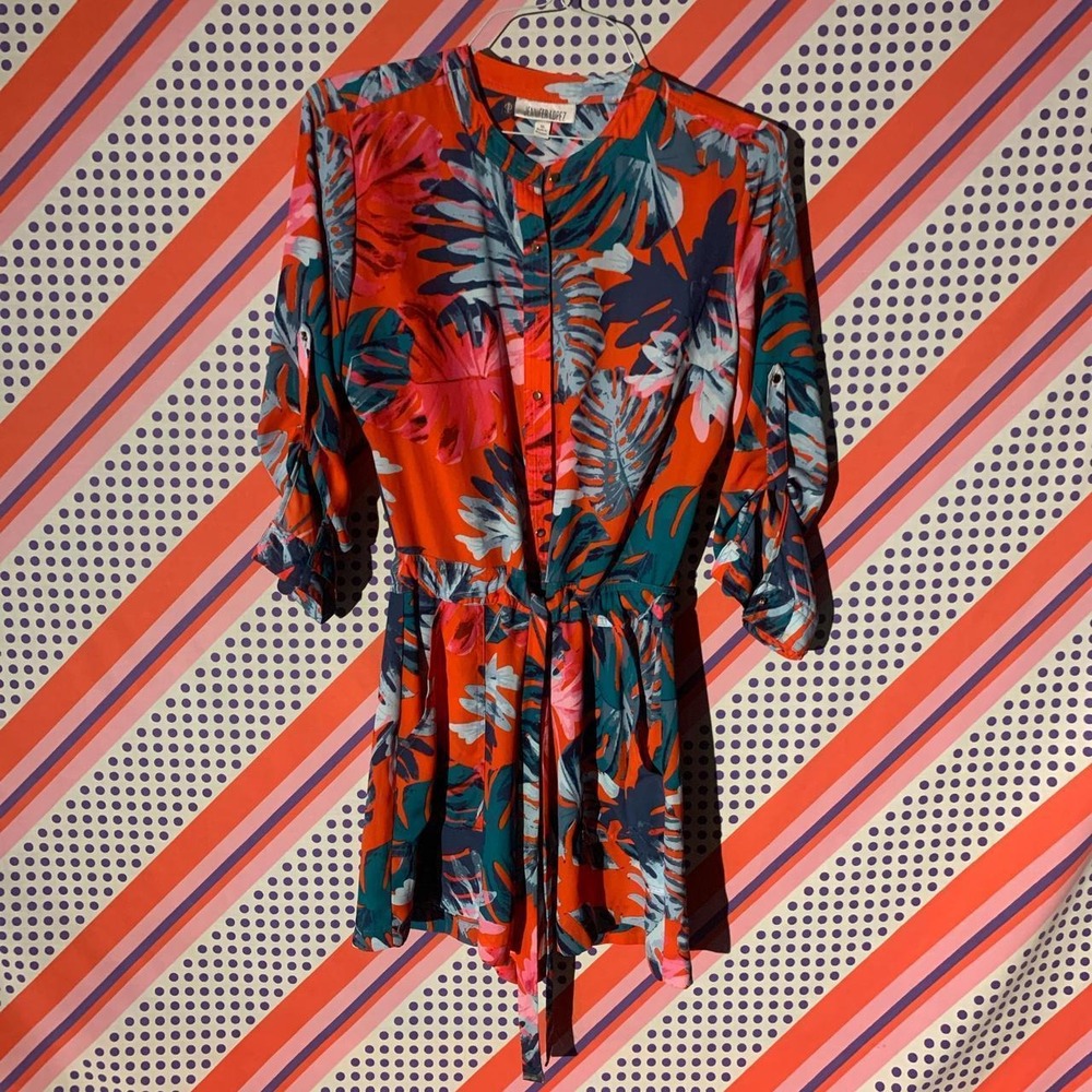 Jennifer Lopez Women Orange Green Floral Boho Relaxed Romper Size 10 Large